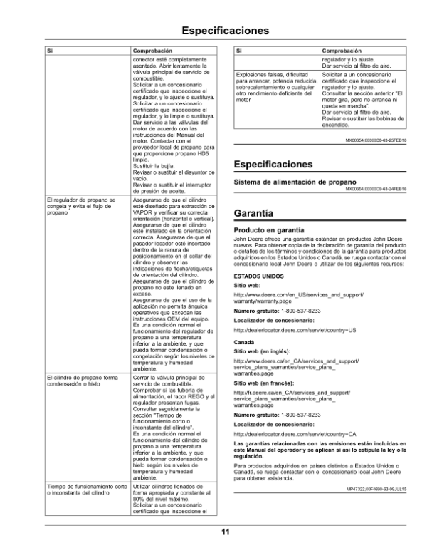John Deere Propane Powered Engine (IMPORTANT: Units equipped with EFI engines, a 48 inch deck, or a Dump from Seat MCS are not compatible with this attachment) Operator’s Manual (OMUC26096) Workshop Guide