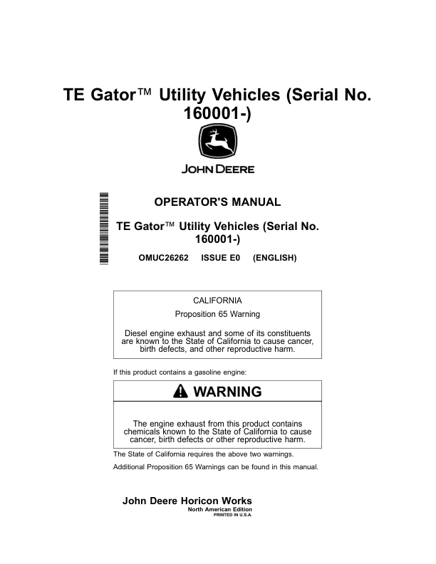 John Deere TE Gator Utility Vehicles (160001-) Operator’s Manual (OMUC26262) Workshop Guide