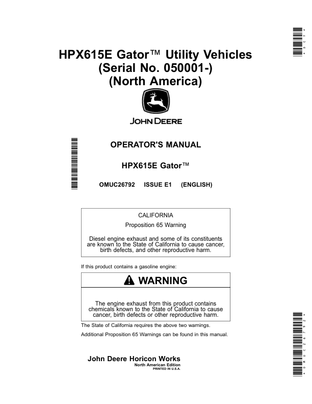 John Deere HPX615E Gator Utility Vehicles (050001-) (North America) Operator’s Manual (OMUC26792) Workshop Guide