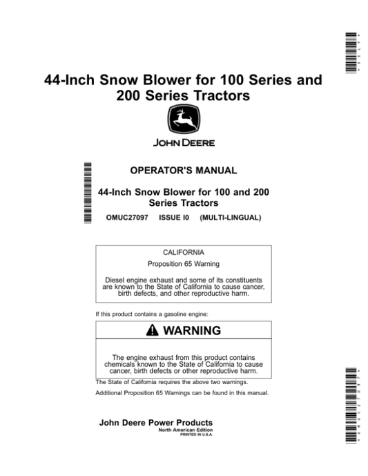 John Deere 44-Inch Snow Blower for 100 Series, 200 Series Tractors (North American) Operator’s Manual (OMUC27097) Workshop Guide