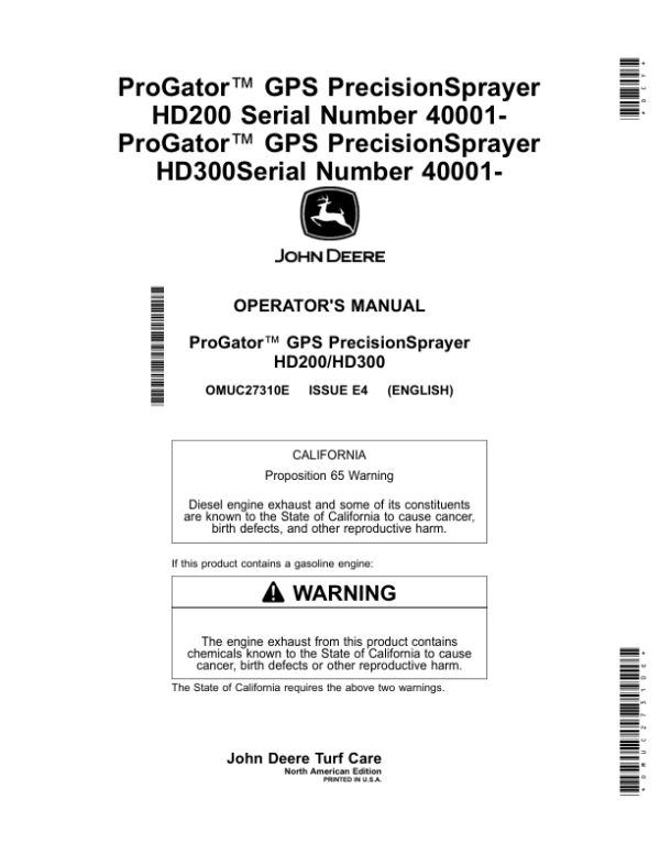 John Deere ProGator GPS PrecisionSprayer HD200/HD300 (040001-) (North America) Operator’s Manual (OMUC27310E) Workshop Guide