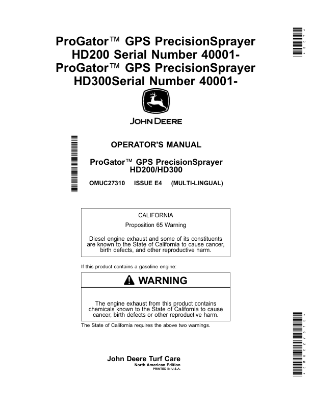 John Deere ProGator GPS PrecisionSprayer HD200/HD300 (040001-) (North America) Operator’s Manual (OMUC27310) Workshop Guide