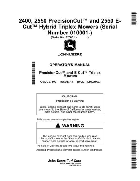 John Deere 2400, 2550 PrecisionCut, 2550 E-Cut Hybrid Triplex Mowers (Serial Number 010001-) (North American) Operator’s Manual (OMUC27509) Workshop Guide