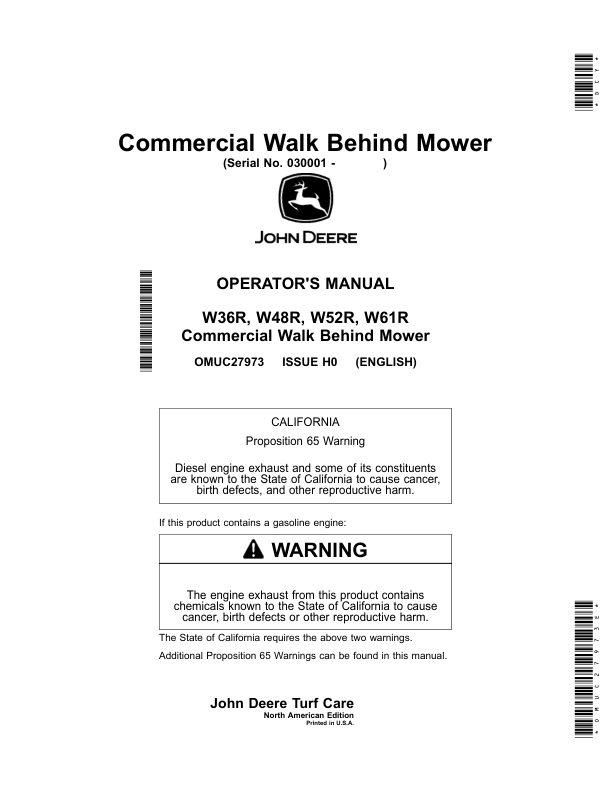 John Deere W36R, W48R, W52R, W61R Commercial Walk Behind Mower (030001) Operator’s Manual (OMUC27973E) Workshop Guide