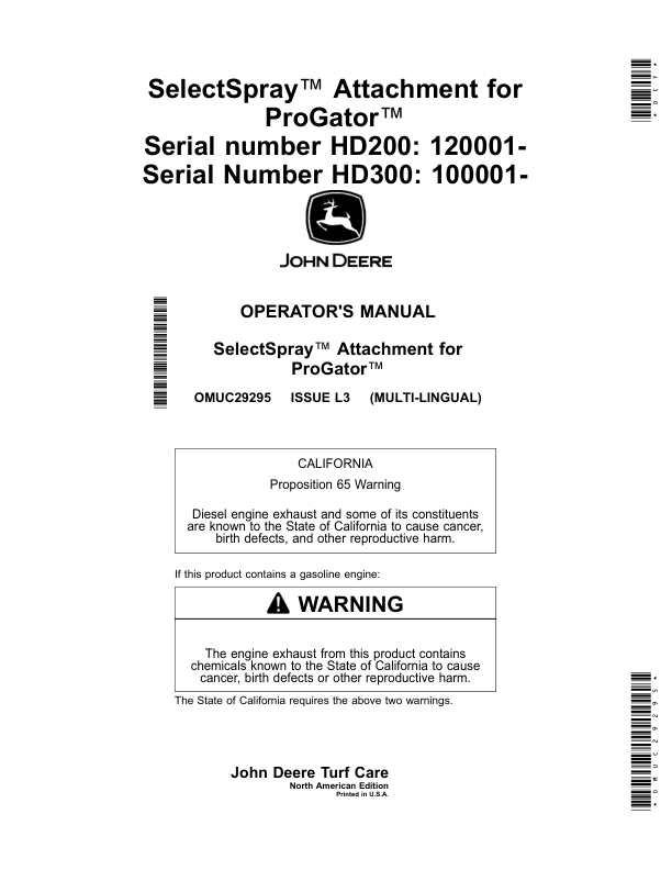 John Deere SelectSpray Attachment for ProGator HD200 (120001-), HD300 (100001-) (North America) Operator’s Manual (OMUC29295) Workshop Guide