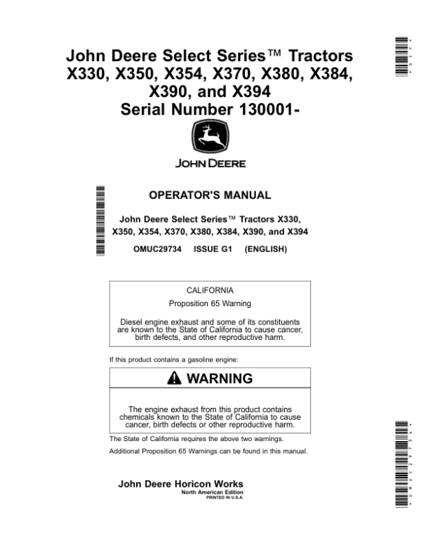 John Deere Select Series Tractors X330, X350, X354, X370, X380, X384, X390, X394 (130001-150000) (North American) Operator’s Manual (OMUC29734) Workshop Guide