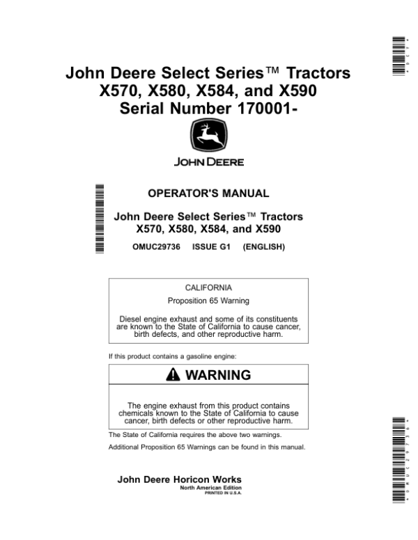 John Deere Select Series Tractors X570, X580, X584, X590 (170001-) (North American) Operator’s Manual (OMUC29736) Workshop Guide