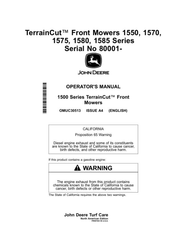 John Deere TerrainCut Front Mowers 1550, 1570, 1575, 1580, 1585 (080001-100000) (North American) Operator’s Manual (OMUC30513E) Workshop Guide