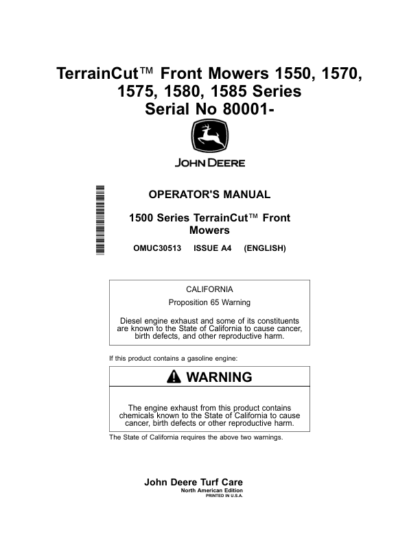 John Deere TerrainCut Front Mowers 1550, 1570, 1575, 1580, 1585 (080001-100000) (North American) Operator’s Manual (OMUC30513E) Workshop Guide