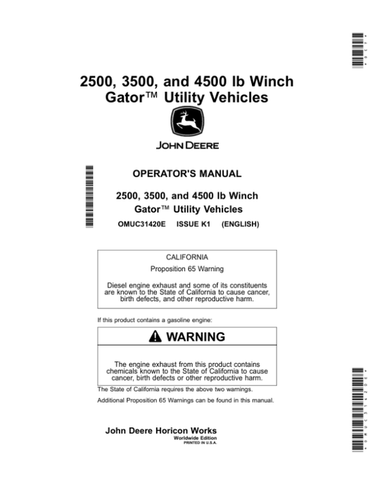 John Deere 2500, 3500, 4500 lb WinchGator Utility Vehicles (Worldwide Edition) Operator’s Manual (OMUC31420E) Workshop Guide