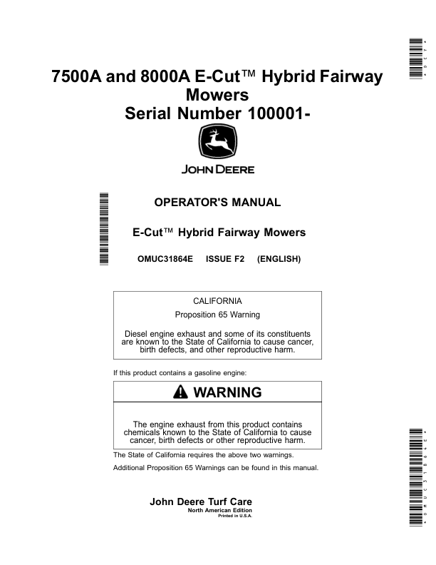 John Deere 7500A, 8000A E-Cut Hybrid Fairway Mowers (100001-) (North American) Operator’s Manual (OMUC31864E) Workshop Guide
