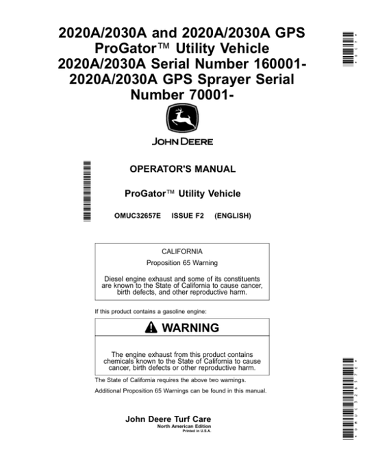 John Deere 2020A/2030A, 2020A/2030A GPS ProGator Utility Vehicle (2020A/2030A Serial Number 160001-) (2020A/2030A GPS Sprayer Serial Number 070001-) (North American) Operator’s Manual (OMUC32657E) Workshop Guide