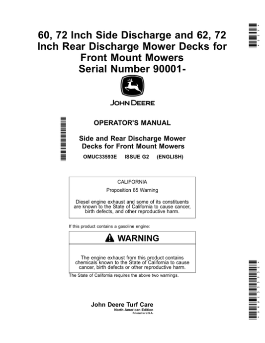 John Deere 60, 72 Inch Side Discharge, 62, 72 Inch Rear Discharge Mower Decks for Front Mount Mowers (Serial Number 090001-) (North American) Operator’s Manual (OMUC33593e) Workshop Guide