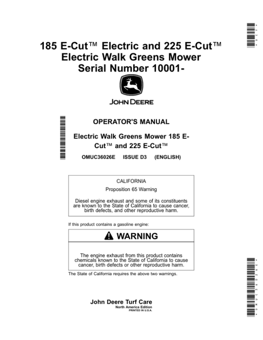 John Deere 185 E-Cut Electric, 225 E-Cut Electric Walk Greens Mower (010001-) (North America Edition) Operator’s Manual (OMUC36026E) Workshop Guide