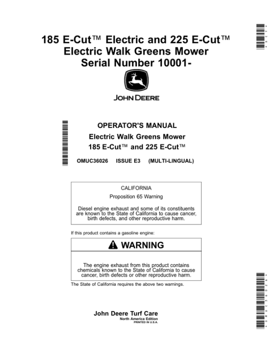 John Deere 185 E-Cut Electric, 225 E-Cut Electric Walk Greens Mower (010001-) (North America Edition) Operator’s Manual (OMUC36026) Workshop Guide
