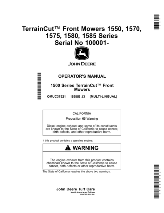 John Deere 1550, 1570, 1575, 1580, 1585 Series TerrainCut Front Mowers (100001-) (North American) Multi-Lingual Document – ENG/SPA Operator’s Manual (OMUC37521) Workshop Guide