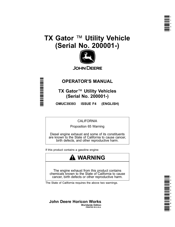 John Deere TX Gator Utility Vehicle (200001-) (Worldwide) Operator’s Manual (OMUC39393) Workshop Guide