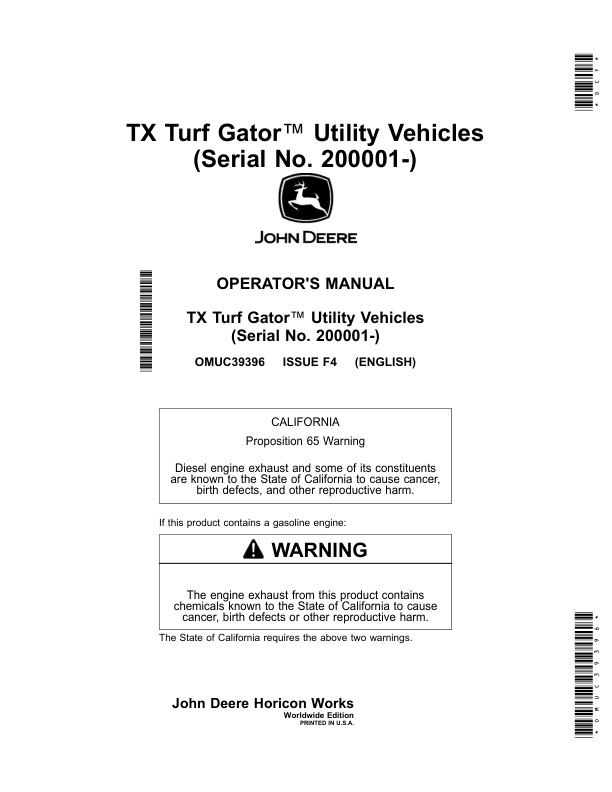John Deere TX Turf Gator Utility Vehicles (200001-) (Worldwide) Operator’s Manual (OMUC39396) Workshop Guide