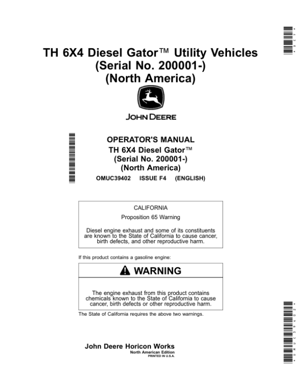 John Deere TH 6X4 Diesel Gator Utility Vehicles (200001-) (North America) Operator’s Manual (OMUC39402) Workshop Guide