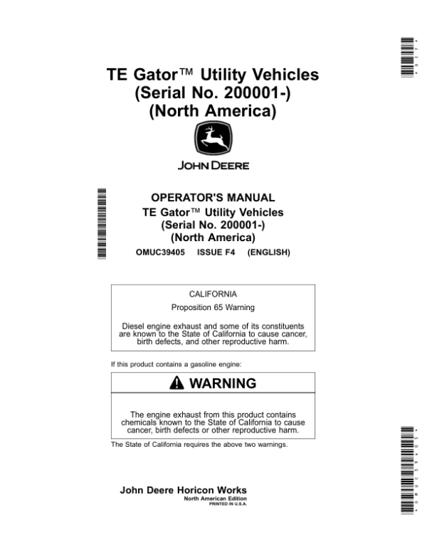 John Deere TE Gator Utility Vehicles (Serial No. 200001-) (North America) Operator’s Manual (OMUC39405) Workshop Guide
