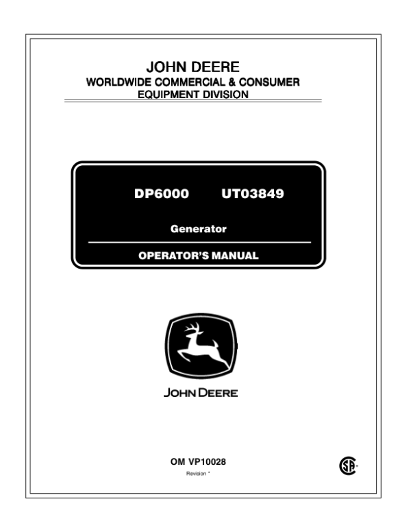 John Deere DP6000 Generator (UT03849) Operator’s Manual (OMVP10028) Workshop Guide