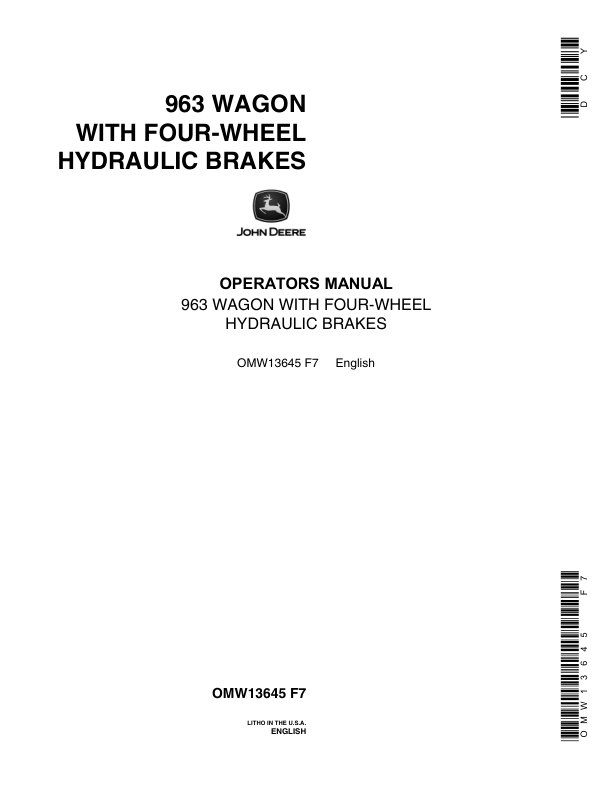 John Deere 963 Wagon, Hydraulic Brakes Operator’s Manual (OMW13645) Workshop Guide