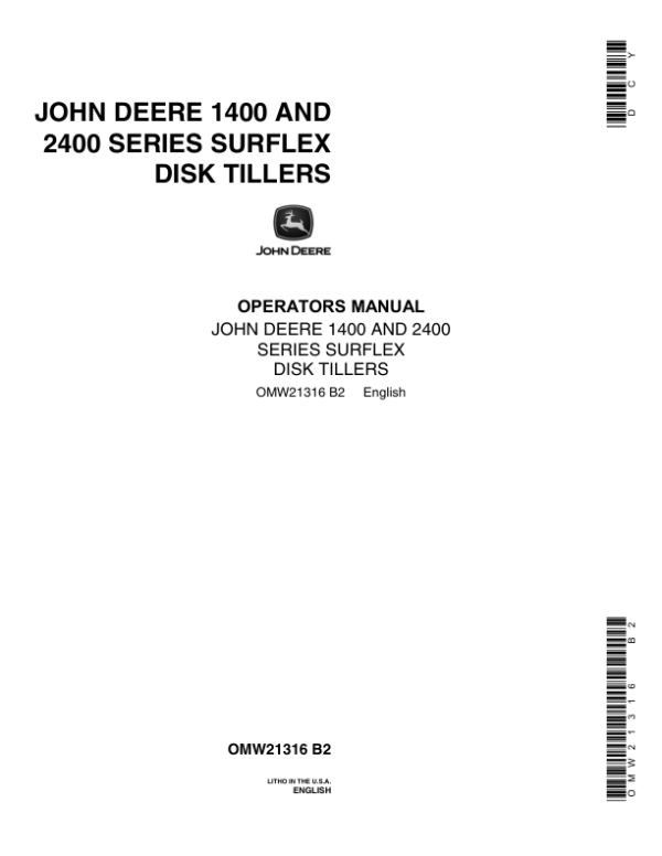 John Deere 1400 & 2400 Series Surflex Disk Tillers Operator’s Manual (OMW21316) Workshop Guide