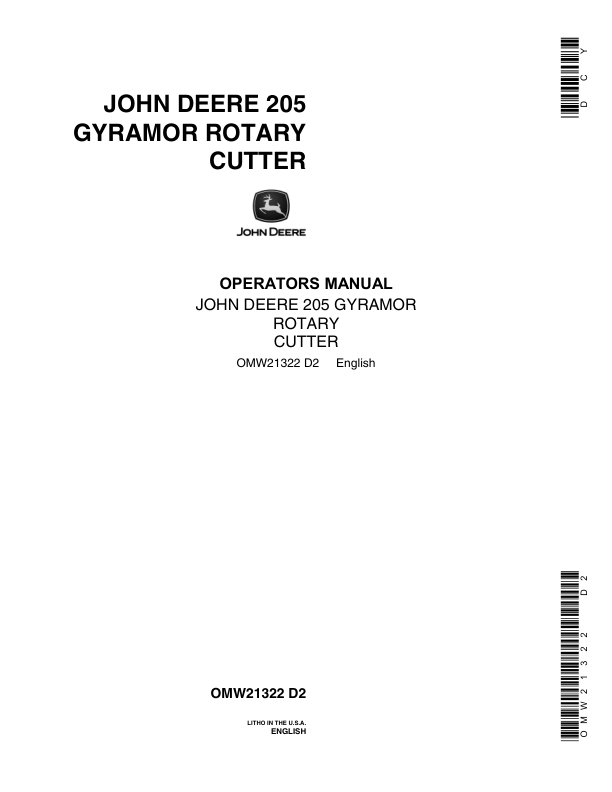 John Deere 205 Gyramor Rotary Cutter Operator’s Manual (OMW21322) Workshop Guide