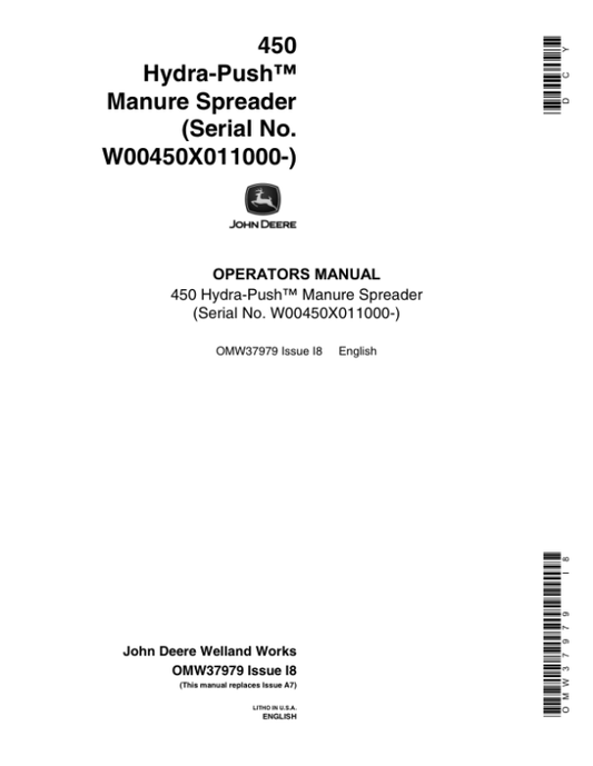 John Deere 450 Manure Spreader Operator’s Manual (OMW37979) Workshop Guide