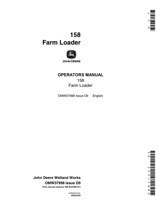 John Deere 158 Farm Loader Operator’s Manual (OMW37998) Workshop Guide