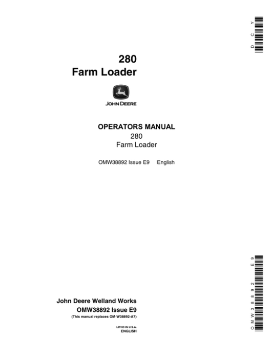 John Deere 280 Farm Loader Operator’s Manual (OMW38892) Workshop Guide