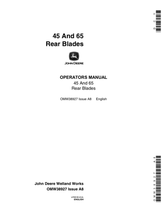 John Deere 45 & 65 Rear Blades Operator’s Manual (OMW38927) Workshop Guide