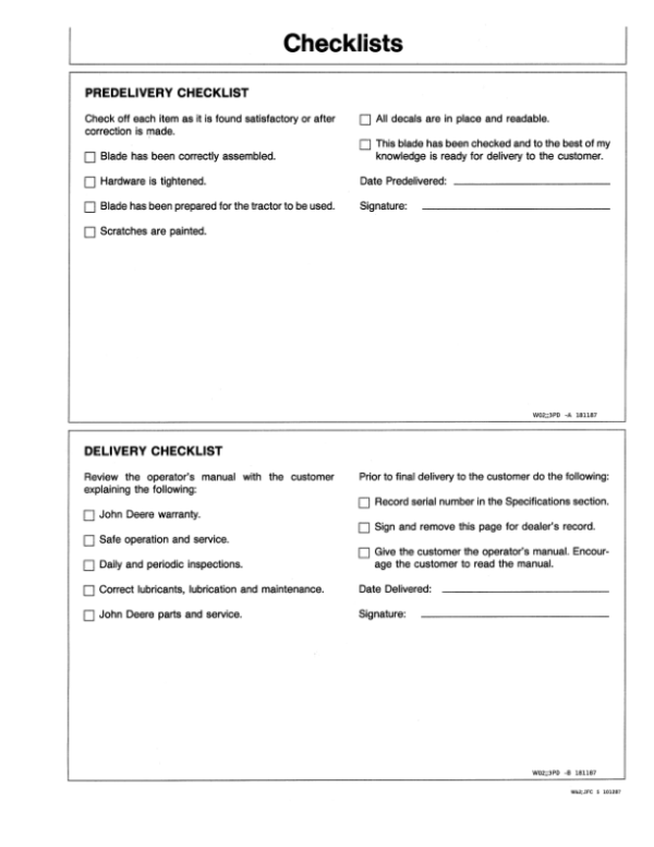 John Deere 95 Rear Blade Operator’s Manual (OMW38928) Workshop Guide