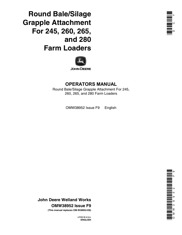 John Deere Round Bale Grapple & Silage Grapple Attachments Operator’s Manual (OMW38952) Workshop Guide