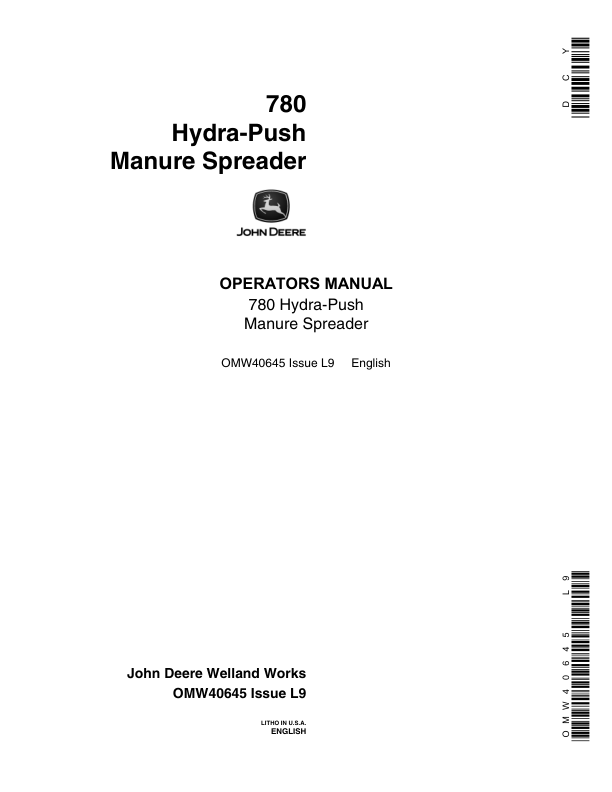 John Deere 780 Hydra-Push Manure Spreader Operator’s Manual (OMW40645) Workshop Guide