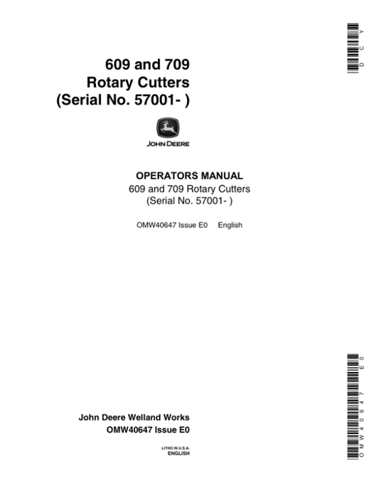 John Deere 609 & 709 Rotary Cutter Operator’s Manual (OMW40647) Workshop Guide