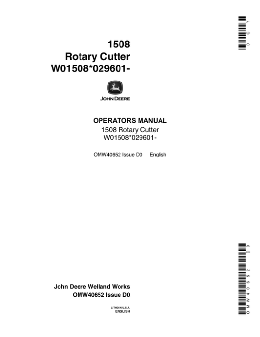 John Deere 1508 Rotary Cutter (029601-) Operator’s Manual (OMW40652) Workshop Guide