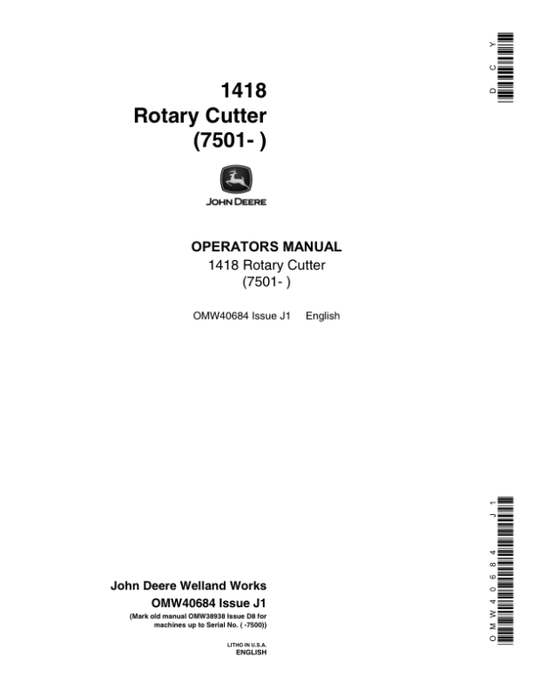 John Deere 1418 Rotary Cutter (007501-) Operator’s Manual (OMW40684) Workshop Guide