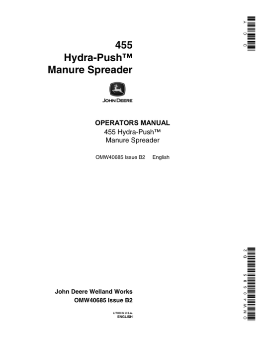 John Deere 455 Hydra-Push Manure Spreader Operator’s Manual (OMW40685) Workshop Guide