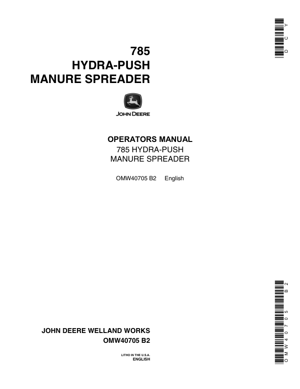 John Deere 785 Hydra-Push Manure Spreader Operator’s Manual (OMW40705) Workshop Guide
