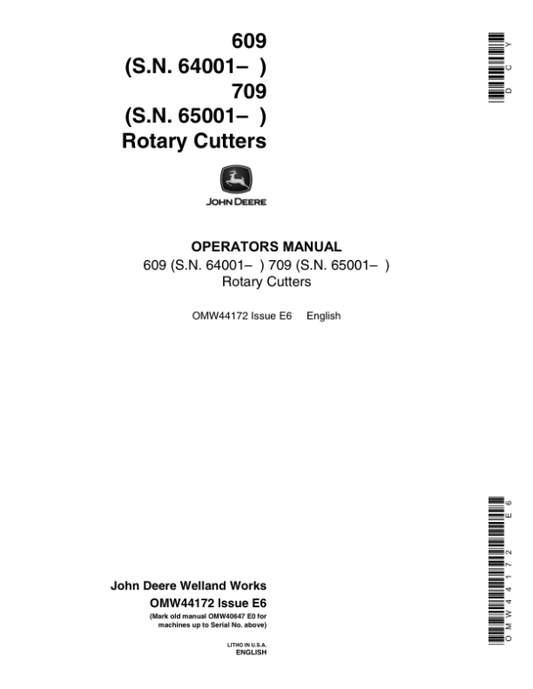 John Deere 609 & 709 Rotary Cutter Operator’s Manual (OMW44172) Workshop Guide