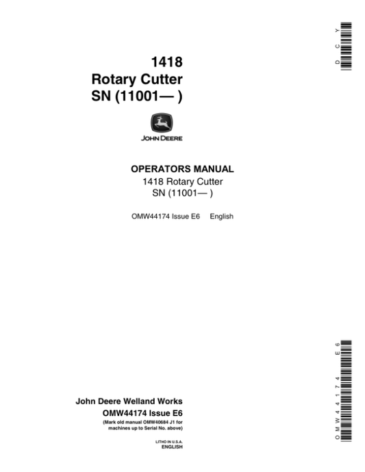 John Deere 1418 Rotary Cutter (011001-) Operator’s Manual (OMW44174) Workshop Guide