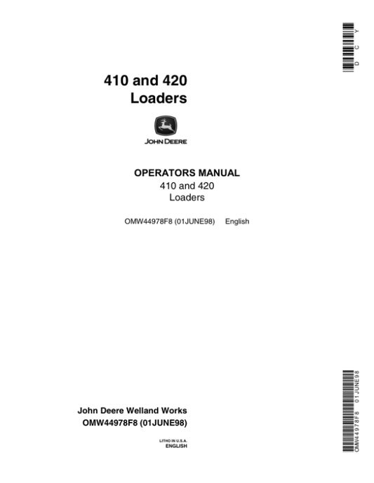 John Deere 410 & 420 Loaders Operator’s Manual (OMW44978) Workshop Guide