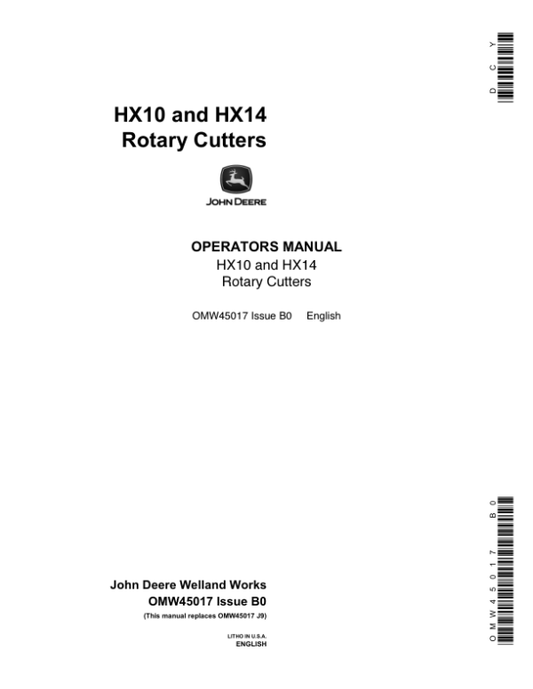John Deere HX10 & HX14 Rotary Cutters North America (000000-005000) Operator’s Manual (OMW45017) Workshop Guide