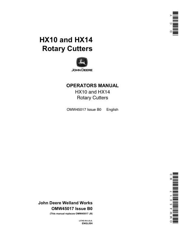 John Deere HX10 & HX14 Rotary Cutters North America (000000-005000) Operator’s Manual (OMW45017) Workshop Guide