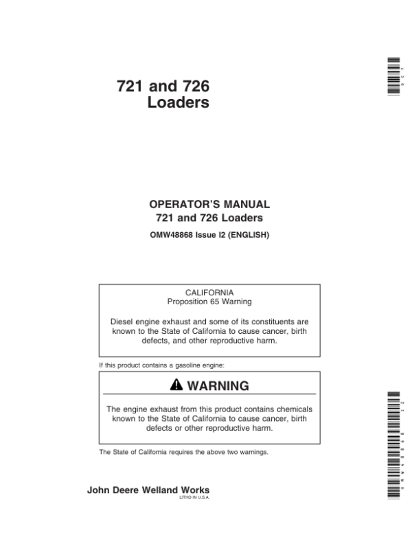 John Deere 721 & 726 Loaders Operator’s Manual (OMW48868) Workshop Guide