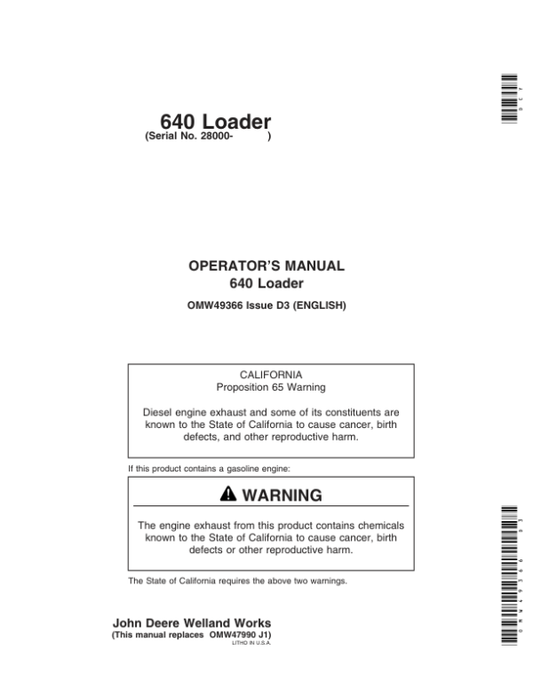John Deere 640 Standard, 640 Mechanical Loader (028000- ) Operator’s Manual (OMW49366) Workshop Guide