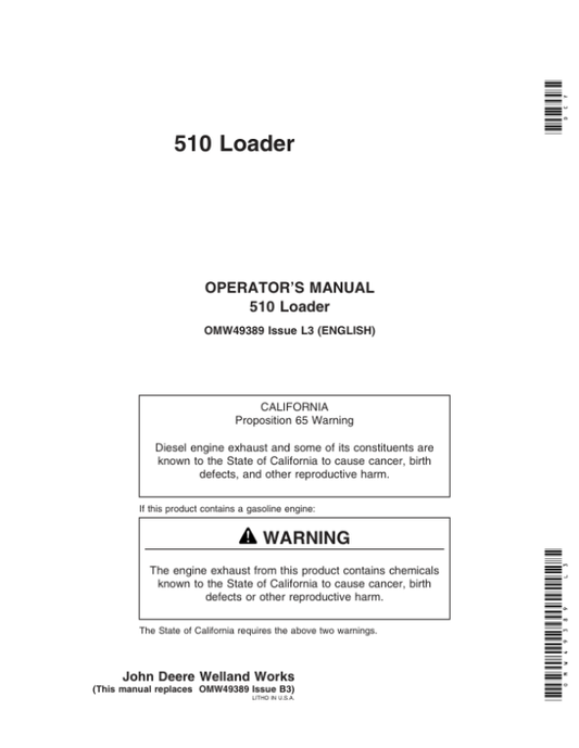 John Deere 510 Loaders Operator’s Manual (OMW49389) Workshop Guide