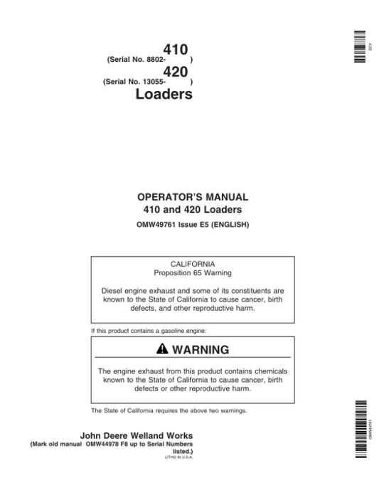 John Deere 410 & 420 Loaders Operator’s Manual (OMW49761) Workshop Guide