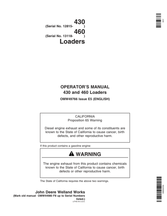 John Deere 430 & 460 Loaders Operator’s Manual (OMW49766) Workshop Guide